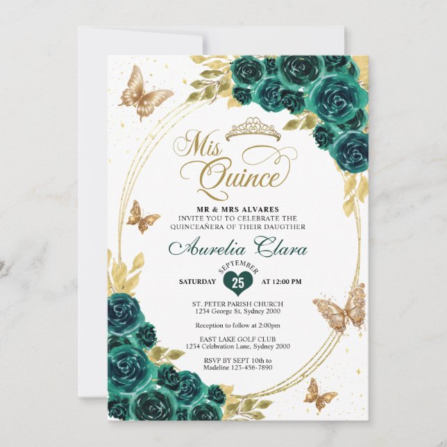 Invitación Floral Esmeralda Oro Tiara Mariposa Quinceañera (Anverso)