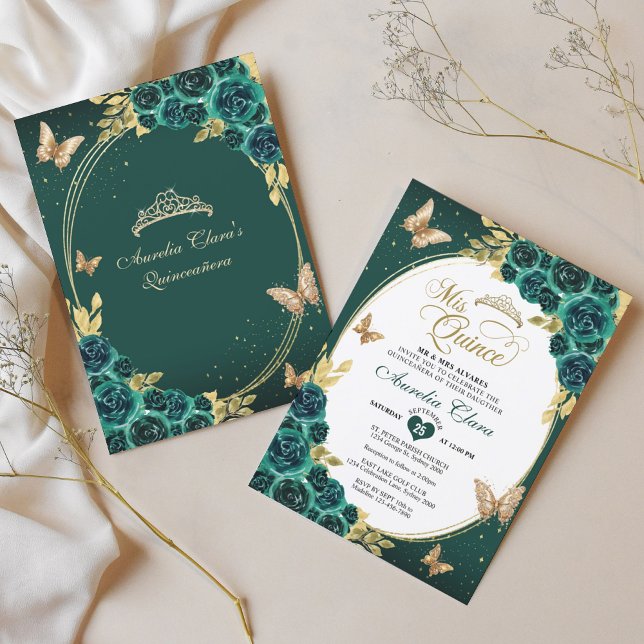 Invitación Floral Esmeralda Oro Tiara Mariposa Quinceañera (Subido por el creador)