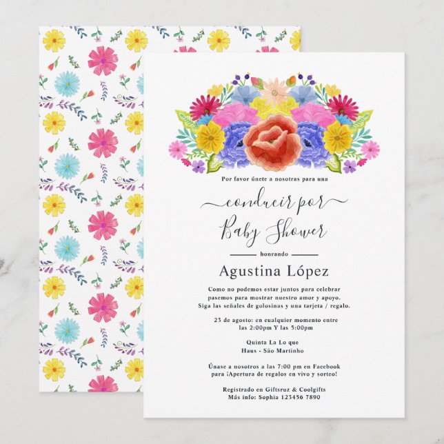 Invitación Floral Española Fiesta Floral Drive By Shower (Anverso / Reverso)