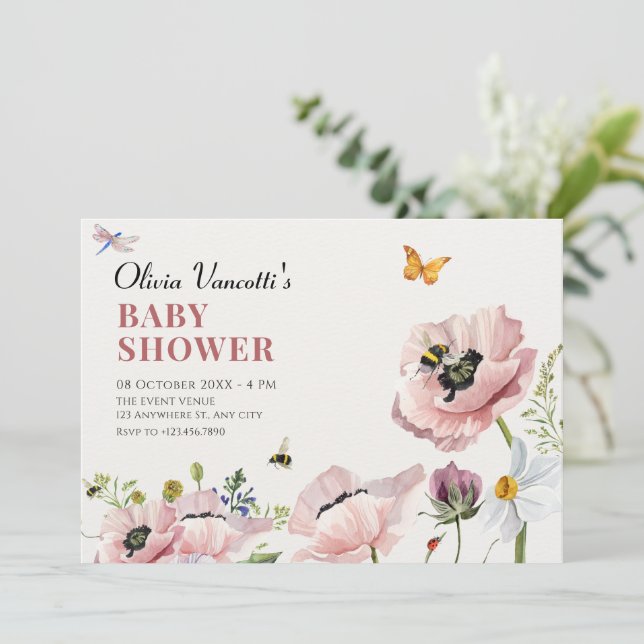 Invitación Floral estética abejas bebes ducha bebé (Anverso de pie)