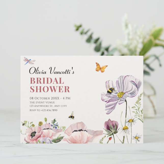 Invitación Floral estética abejas ducha de novia (Anverso de pie)
