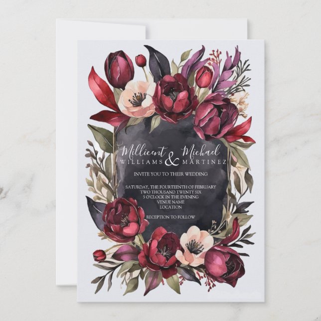 Invitación Floral estética oscura - Boda rojo y negro (Anverso)