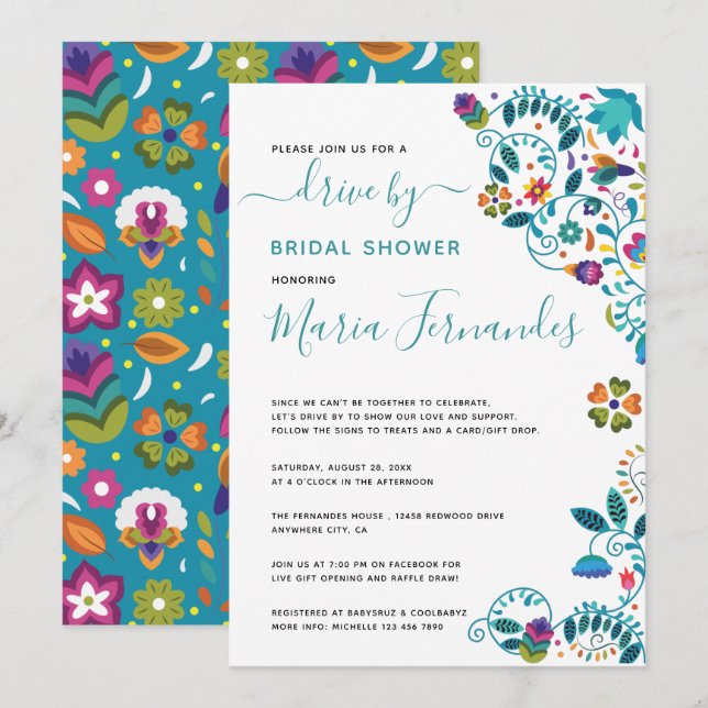 Invitación Floral estilo mexicano manejado por ducha de novia (Anverso / Reverso)