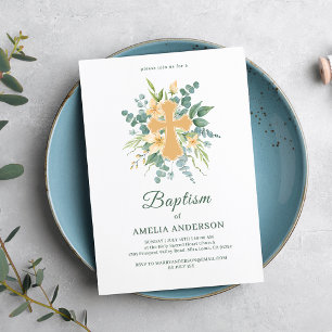 Invitación Floral Eucaliptus Gold Cross Baptism Elegante