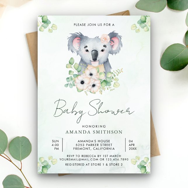Invitación Floral Eucalyptus Koala Chica Baby Shower (Subido por el creador)