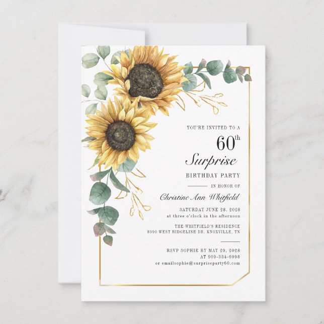 Invitación Floral Eucalyptus Sunflower 60ª Fiesta de Cumpleañ (Anverso)