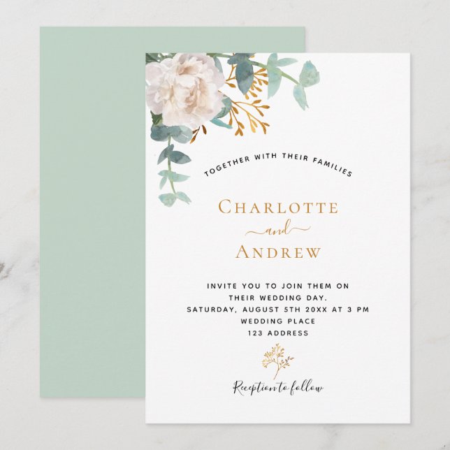 Invitación Floral eucalyptus verde moderna boda elegante (Anverso / Reverso)