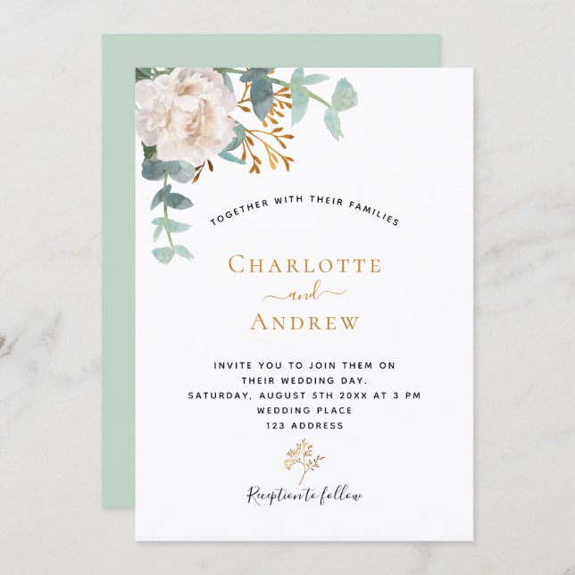 Invitación Floral eucalyptus verde moderna boda elegante (Anverso / Reverso)