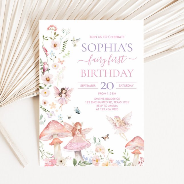 Invitación Floral Fairy Fairy First Birday Party (Floral Fairy First Birthday Party Invitation)