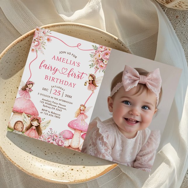 Invitación Floral Fairy First Girls 1st Birthday Party Photo (Subido por el creador)
