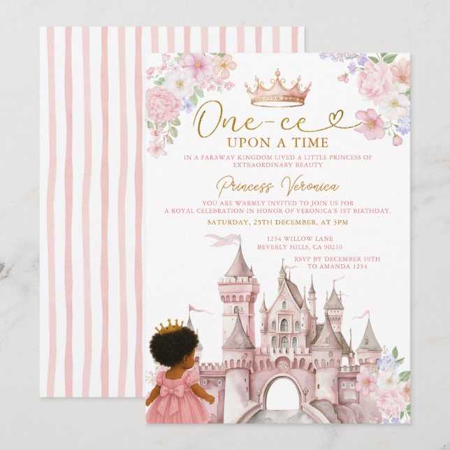 Invitación Floral Fairytale African American Girl Birthday (Anverso / Reverso)