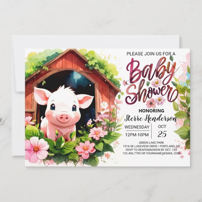 Invitación Floral Fairytale Piglet Baby Shower (Anverso)