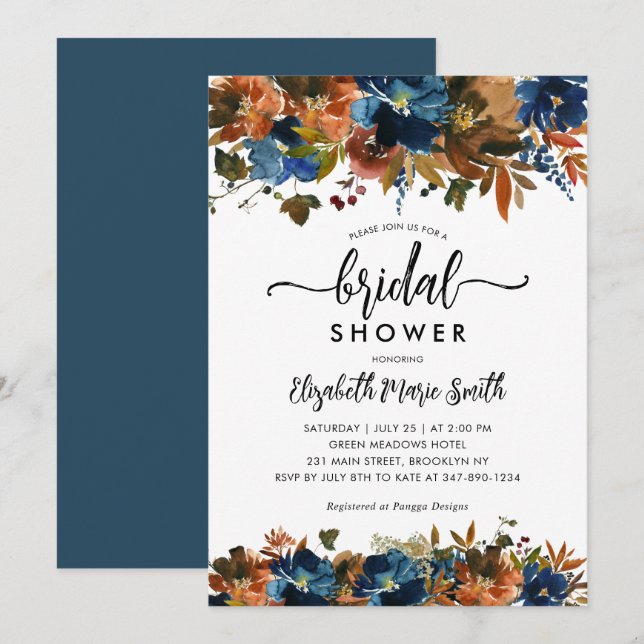 Invitación Floral Fall Blue Terracotta Floral Fall Bridal Sho (Anverso / Reverso)