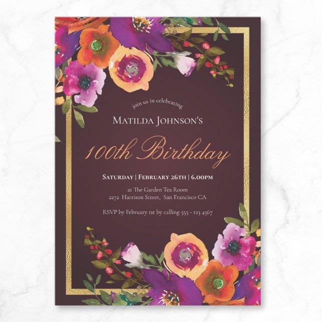 Invitación Floral Fall Burgundy 100 cumpleaños (Floral Fall Burgundy 100th Birthday Party Invitation)