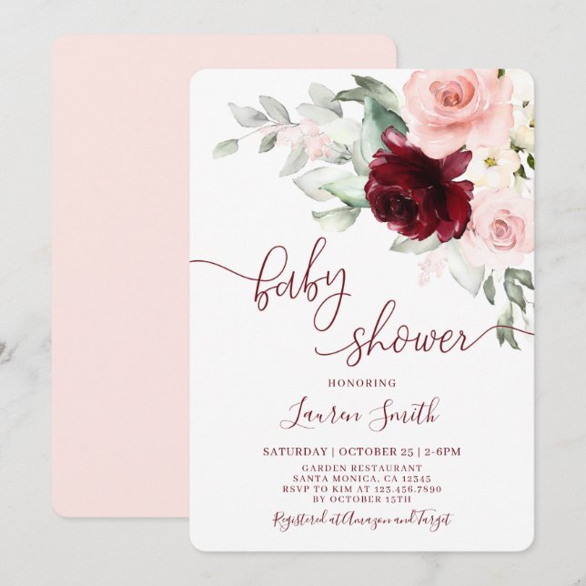 Invitación Floral Fall Burgundy ruidoso Baby Shower (Anverso / Reverso)