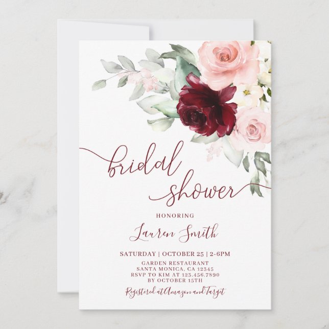 Invitación Floral Fall Burgundy ruidoso Bridal Shower (Anverso)