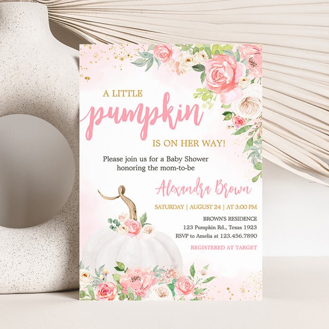 Invitación Floral Fall Pumpkin Baby Shower (Pink Pumpkin Baby Shower Invitation)