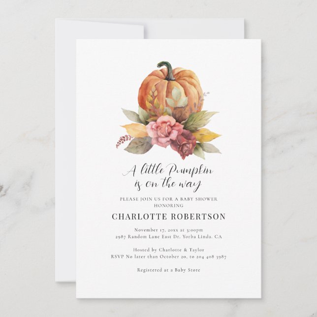 Invitación Floral Fall Pumpkin Baby Shower (Anverso)