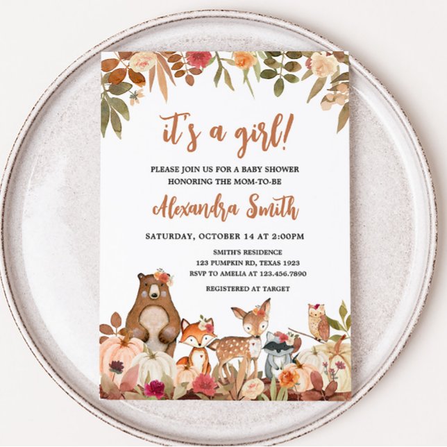 Invitación Floral Fall Woodland Baby Shower (Pumpkin Floral Woodland Animals Baby Shower)