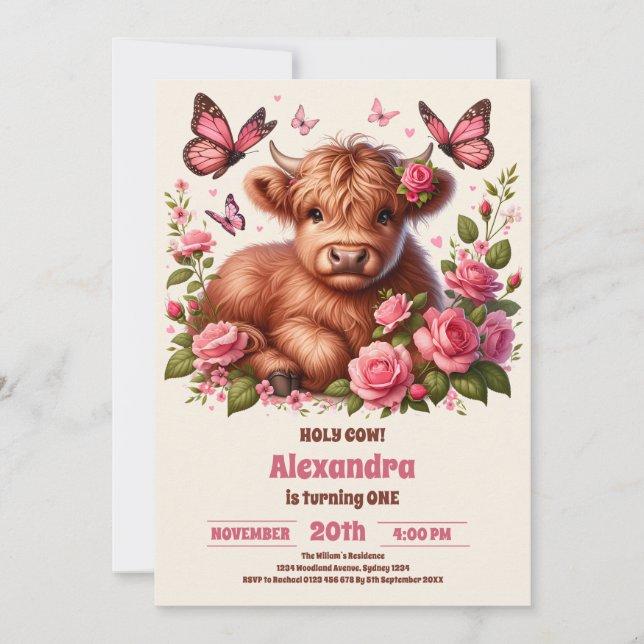 Invitación Floral Farm Holy Cow Highland 1er cumpleaños (Anverso)