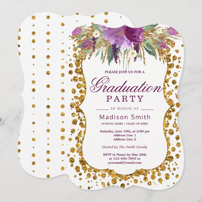 Invitación Floral Faux Gold Purpurina Confetti Graduación Par (Anverso / Reverso)