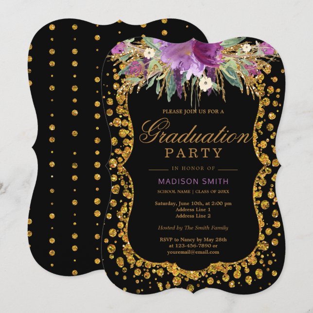 Invitación Floral Faux Gold Sparkle Confetti Graduation Party (Anverso / Reverso)