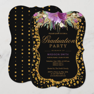 Invitación Floral Faux Gold Sparkle Confetti Graduation Party