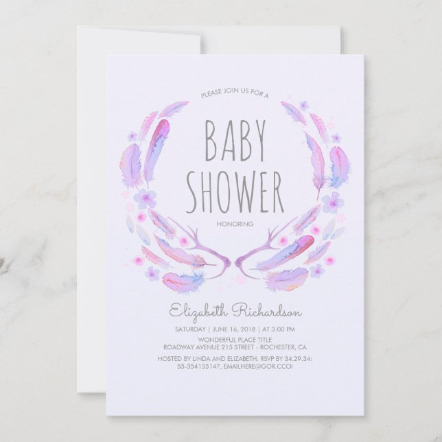 Invitación Floral Feather Antlers Woodland Boho Baby Shower (Anverso)
