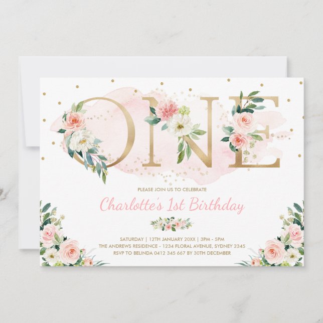 Invitación Floral Femenina Primer cumpleaños Flores Rubor Pin (Anverso)