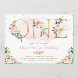 Invitación Floral Femenina Primer cumpleaños Flores Rubor Pin