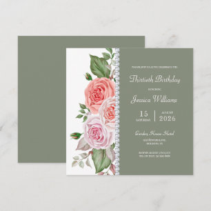 Invitación Floral femenina, sabio y diamante 30 cumpleaños