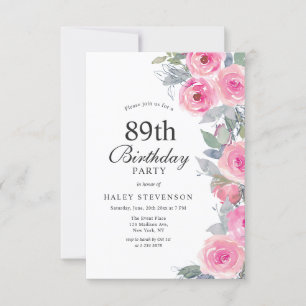 Invitación Floral Femenino Acuarela Rosa Chic 89 Cumpleaños