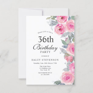 Invitación Floral Femenino Acuarela Rosa Chic Cumpleaños 36