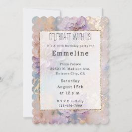 Invitación Floral Femenino Azul Purpúreo y Dorado
