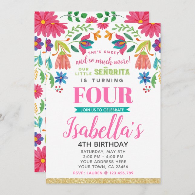 Invitación Floral Fiesta 4th Birthday Invitation (Anverso / Reverso)