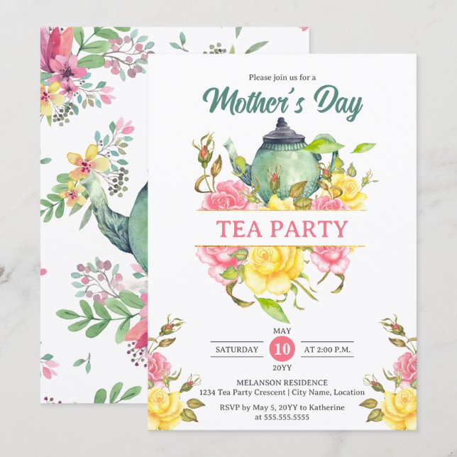 Invitación Floral Fiesta de té del Día de la Madre (Anverso / Reverso)