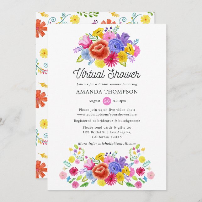 Invitación Floral Fiesta Mexicana Ducha virtual de novias (Anverso / Reverso)