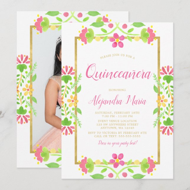Invitación Floral Fiesta Oro Blanco Quinceanera Foto (Anverso / Reverso)