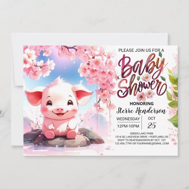 Invitación Floral Fiesta Piglet's Pink Farm Baby Shower (Anverso)