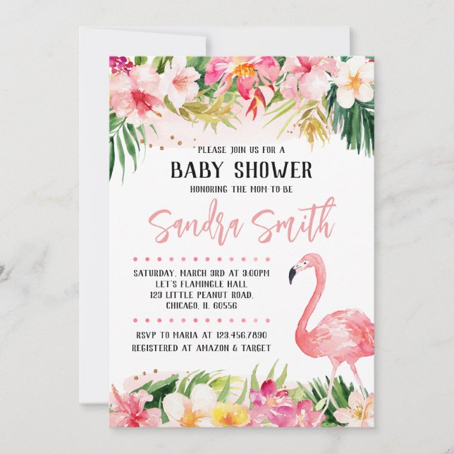 Invitación Floral Flamingo Baby Shower (Anverso)