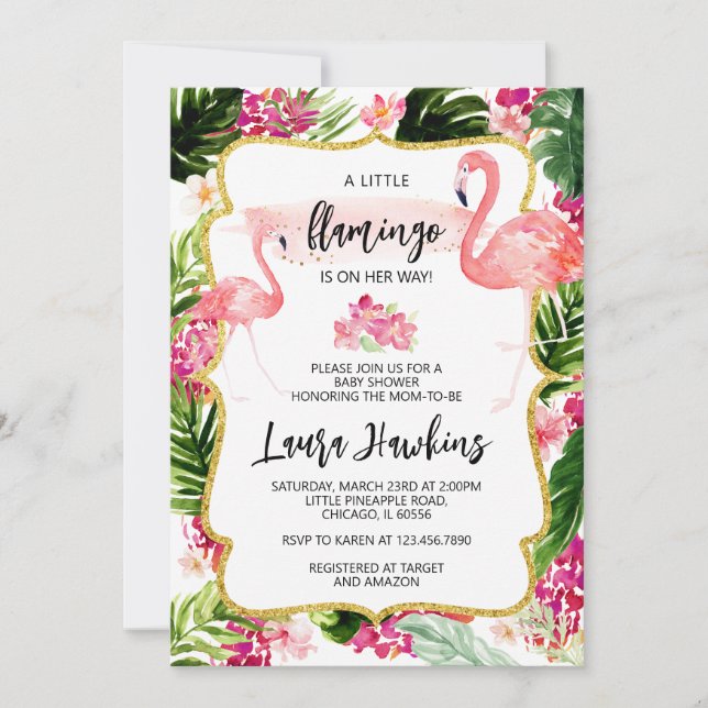 Invitación Floral Flamingo Baby Shower (Anverso)