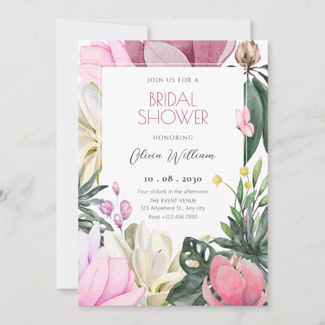 Invitación Floral flor acuarela ducha de novia (Anverso)