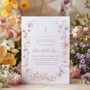 Invitación Floral Flor Silvestre Rosa Bautizo de Niña