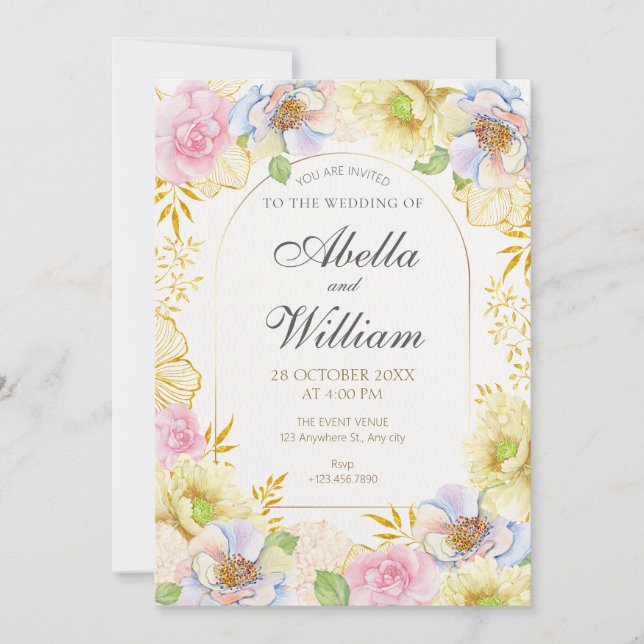 Invitación Floral flor suave color boda (Anverso)
