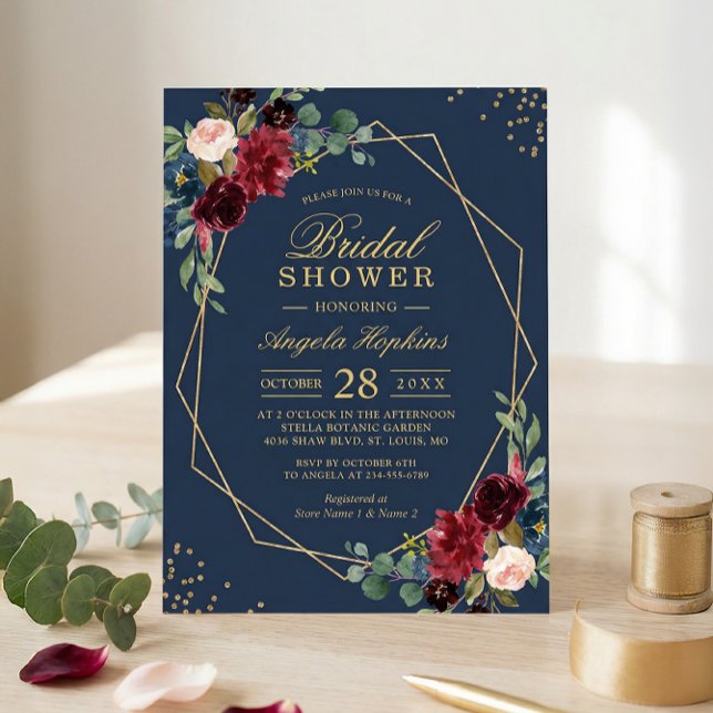Invitación Floral floral azul azul azul borgoña moderna ducha (Subido por el creador)