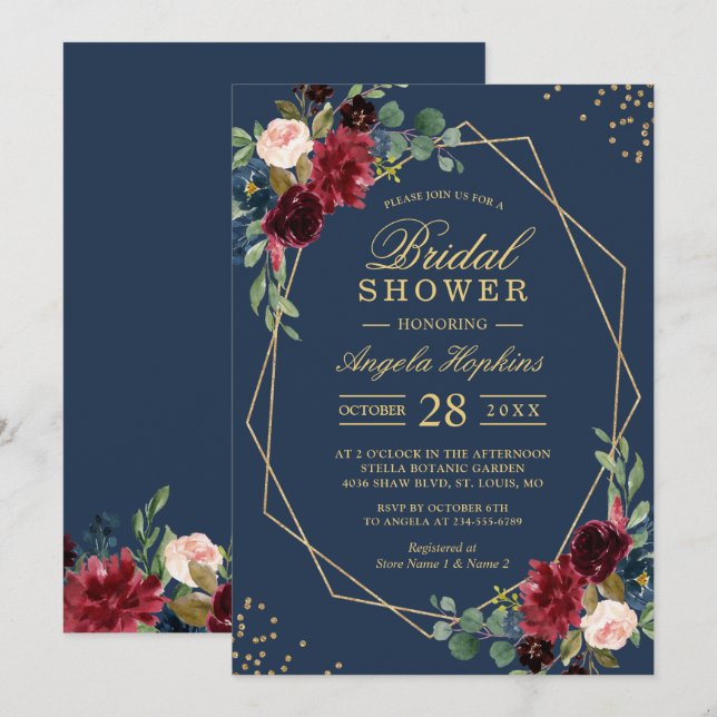 Invitación Floral floral azul azul azul borgoña moderna ducha (Anverso / Reverso)
