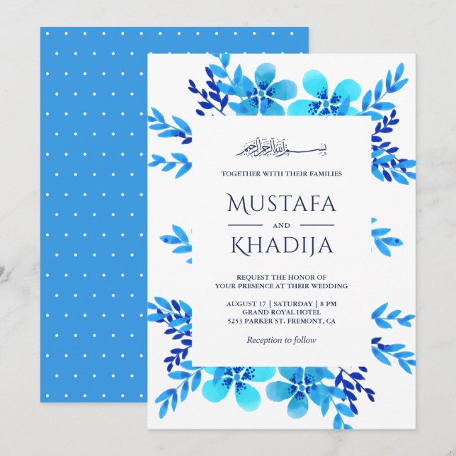 Invitación Floral floral azul azul brillante Boda islámico (Anverso / Reverso)