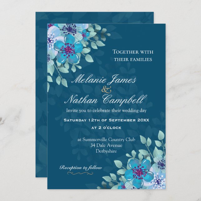 Invitación Floral floral azul marino y azul claro (Anverso / Reverso)