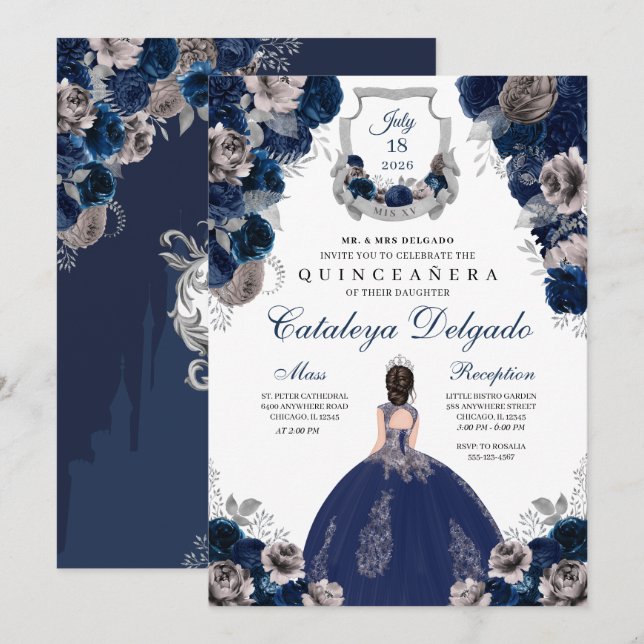 Invitación Floral floral azul marino y plateado elegante Quin (Anverso / Reverso)