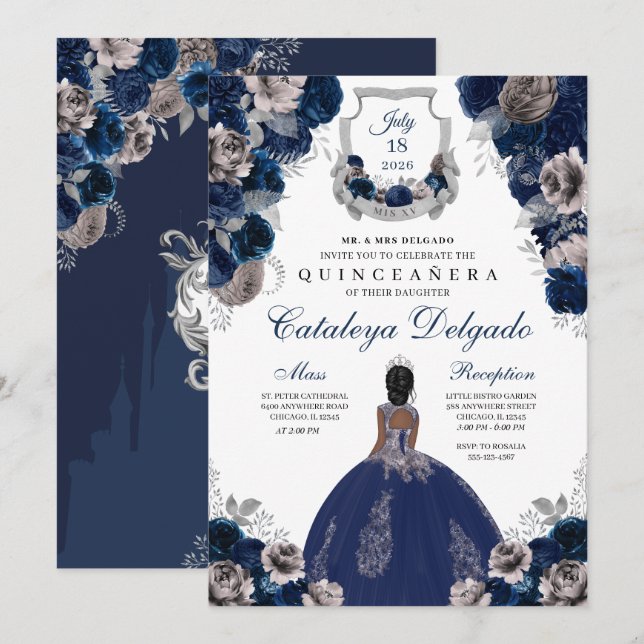Invitación Floral floral azul marino y plateado elegante Quin (Anverso / Reverso)
